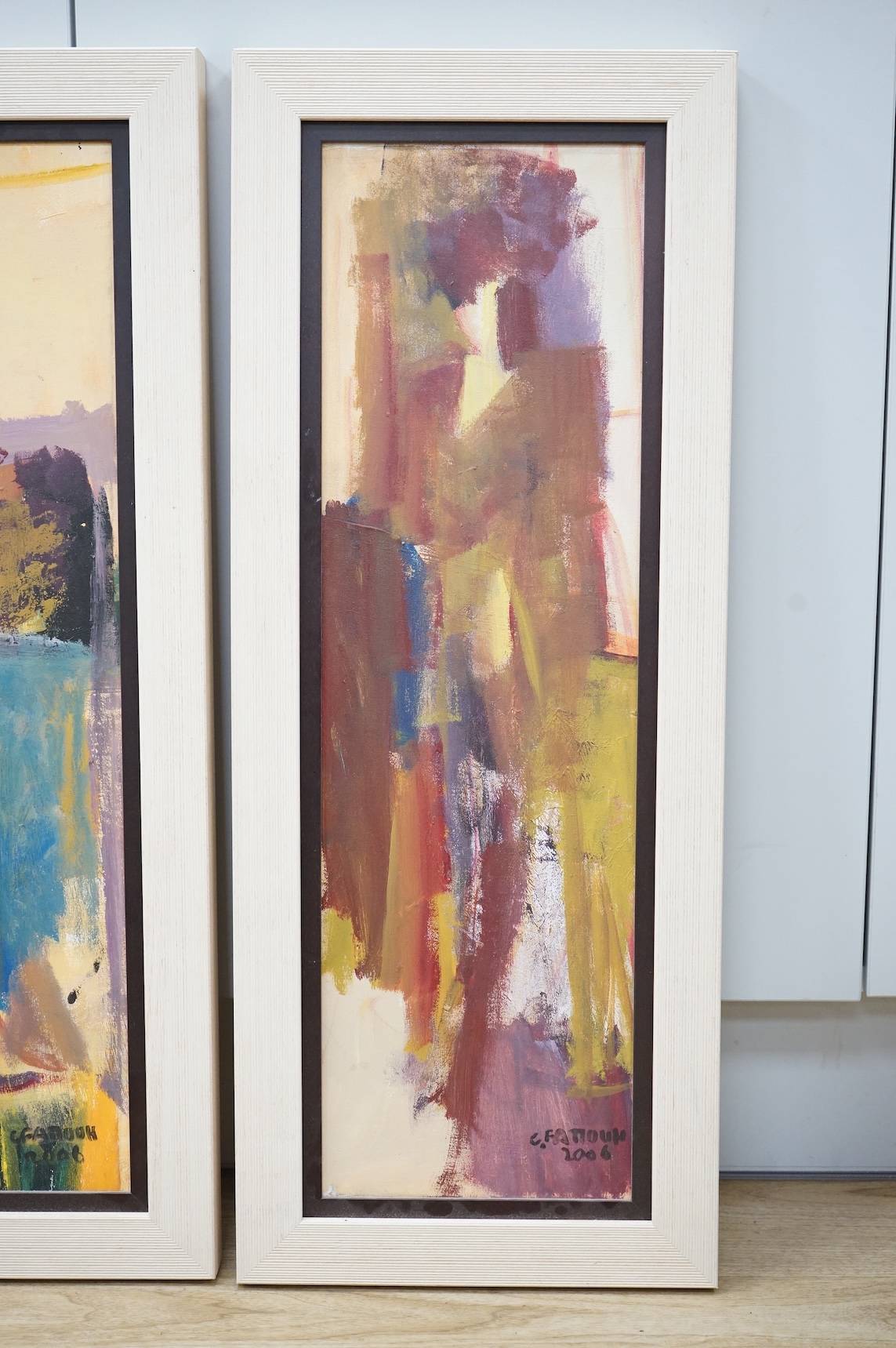 Chucrallah Fattouh (Lebanese, b.1956), pair of contemporary abstracts, each signed and dated 2006, oils on canvas, 64 x 19cm